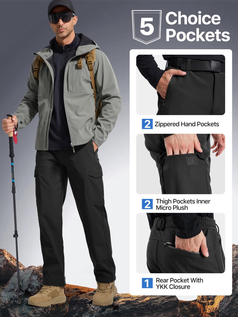 FREE SOLDIER Men's Outdoor Softshell Fleece Lined Cargo Pants Snow Ski Hiking Pants with Belt (Black 30W/28L) - Image 5